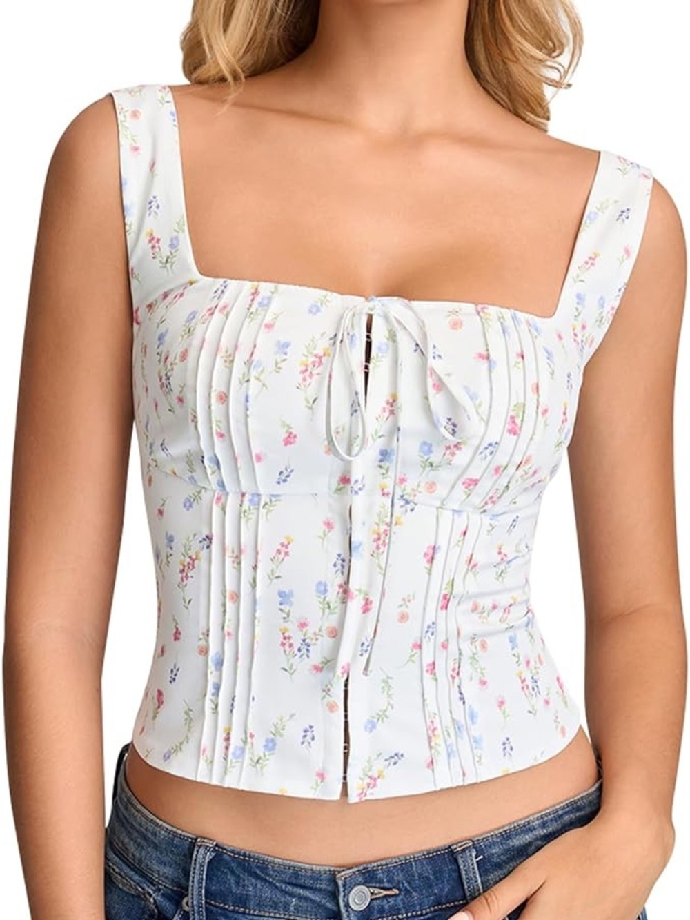 White Floral Pintuck Tie-Front Square Neck Crop Top